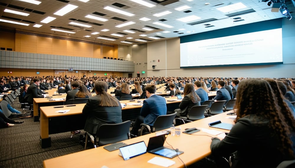 Students participating in a Model United Nations conference, engaging in debate and collaboration. Students participating in a Model United Nations conference, engaging in debate and collaboration.